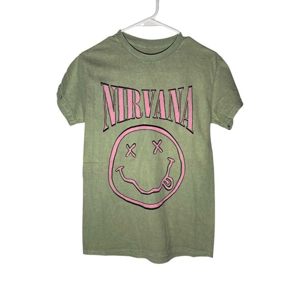 Nirvana Band Tee Smiley Grunge Retro Oversized Distressed Green Size S NWOT - Picture 1 of 4